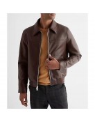 Men’s Faux Leather Jacket with Brown Shirt Collar