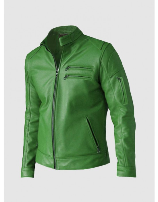 Men’s Green Leather Jacket - Regular Fit for Party Wear