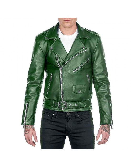 Men’s Shinny Green Leather Biker Jacket