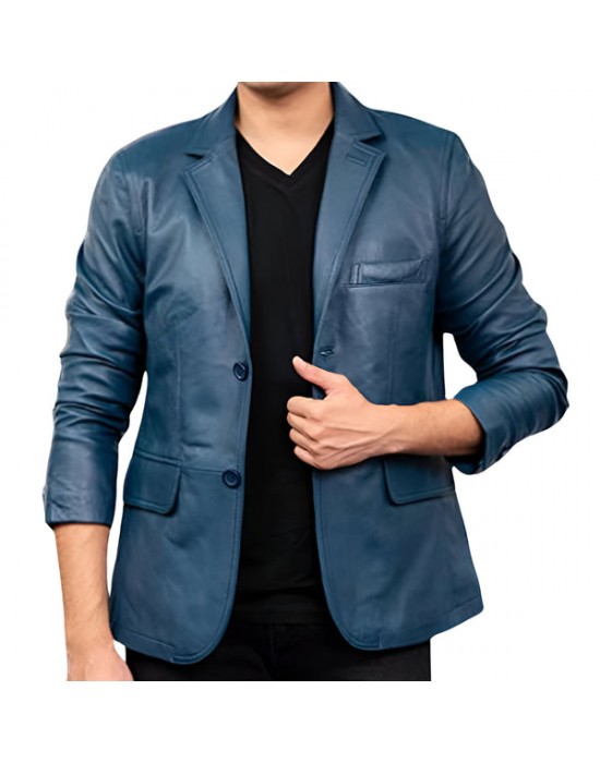 Mens Blue Real Leather Coat