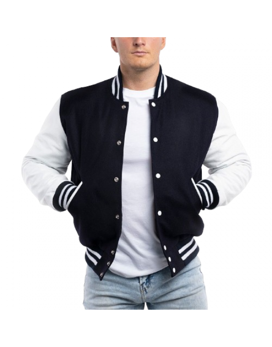 Navy Blue Wool Body & Bright White Leather Sleeves Letterman Jacket