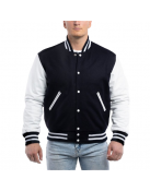 Navy Blue Wool Body & Bright White Leather Sleeves Letterman Jacket