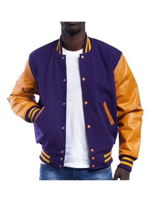 Purple Wool Body & Bright Gold Leather Sleeves Letterman Jacket