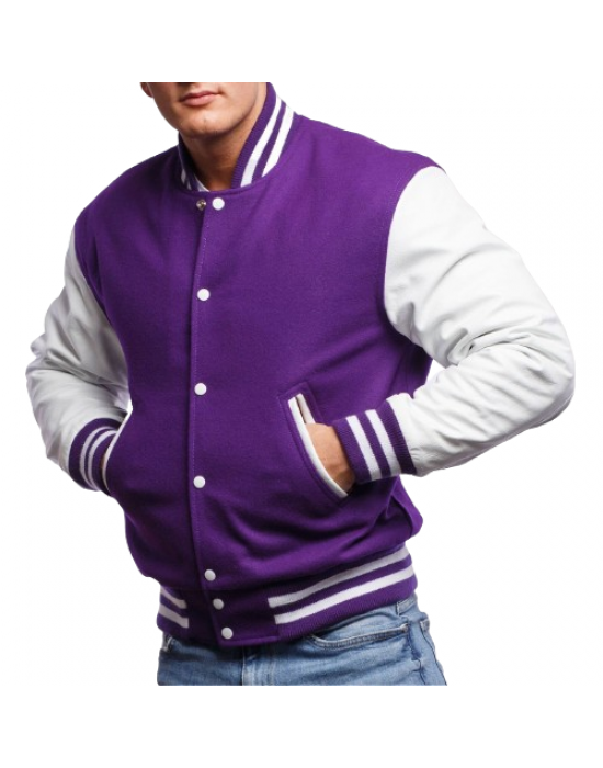 Purple Wool Body & Bright White Leather Sleeves Letterman Jacket