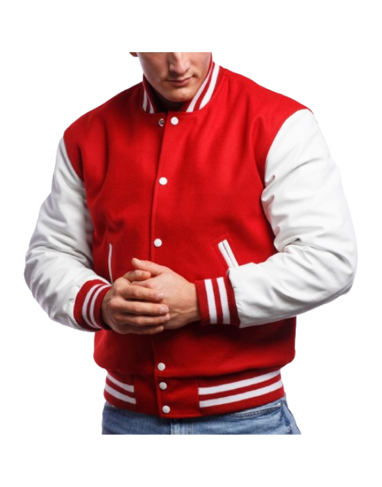 Red Wool and White Leather Varsity Letterman Jacket