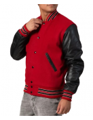 Scarlet Red Body & Black Sleeves Letterman Jacket With Feathered Knit Trim