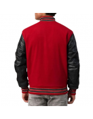 Scarlet Red Body & Black Sleeves Letterman Jacket With Feathered Knit Trim