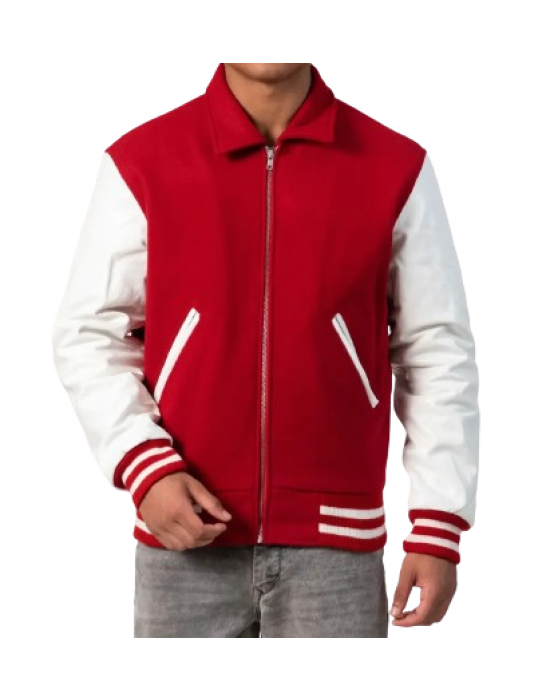 Scarlet Wool Body & White Leather Sleeves Letterman Jacket With Byron Collar