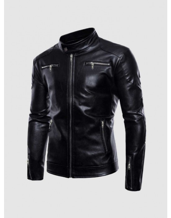 Stand Collar Leather Jacket