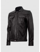 Summer Jacket -Leather Collar Biker Jacket in Black