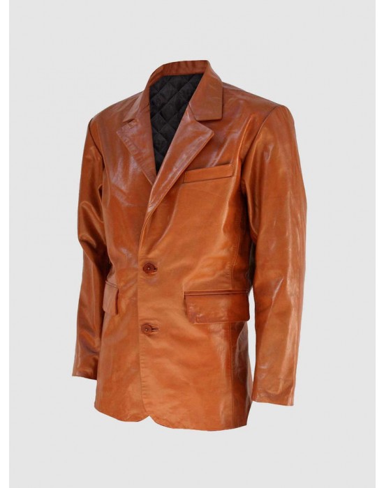 Tan Leather Coat with 2 Buttons