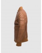 Tan Quilted Bomber Leather Jacket for Men - Abbronzatura