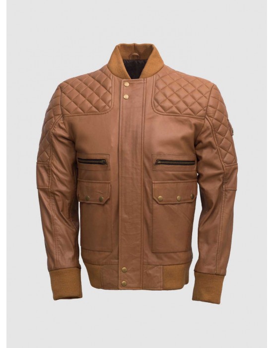 Tan Quilted Bomber Leather Jacket for Men - Abbronzatura