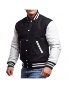 White Genuine Leather & Black Wool Varsity Letterman Jacket