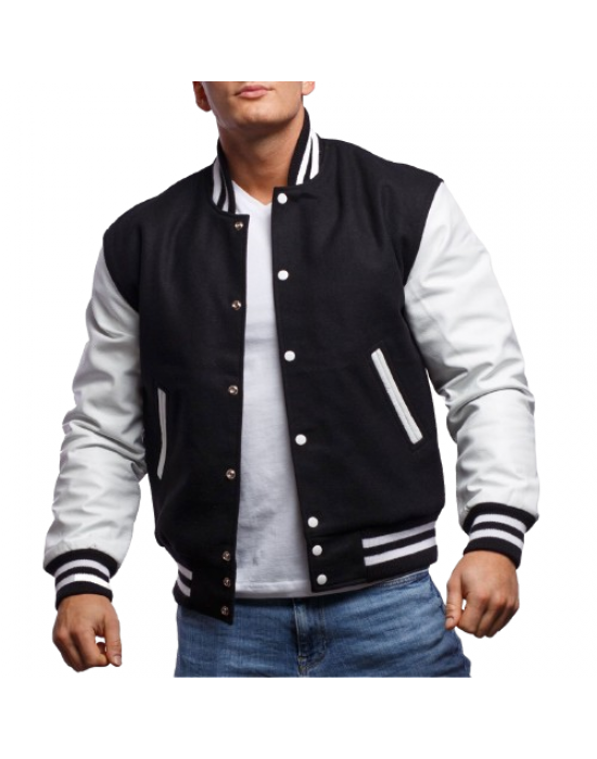 White Genuine Leather & Black Wool Varsity Letterman Jacket